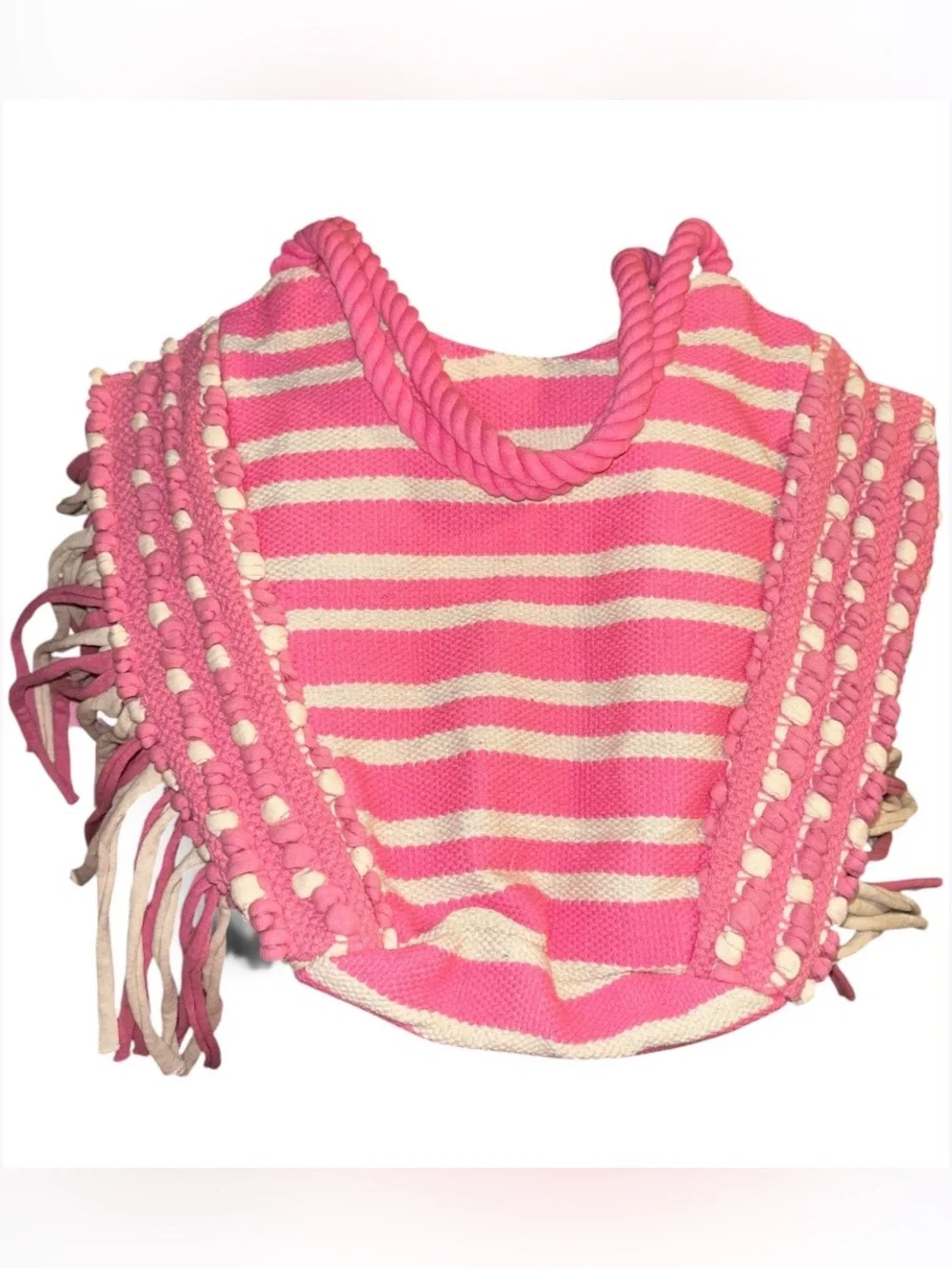 NWT No Boundaries Boho Pink Striped Fringe Beach Woven Tote Bag Rope Handles